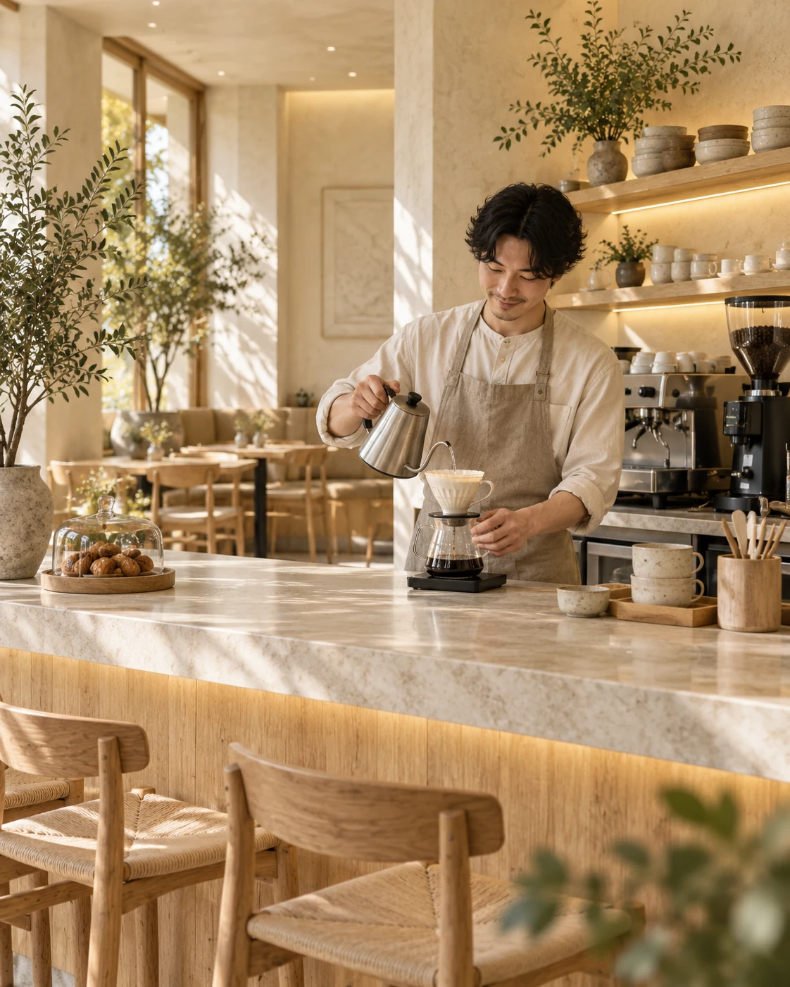 カウンターでハンドドリップコーヒーを丁寧に淹れるスタッフ