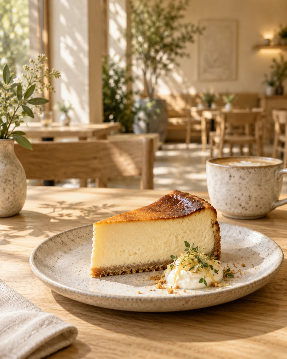 木のテーブルに置かれた自家製チーズケーキ